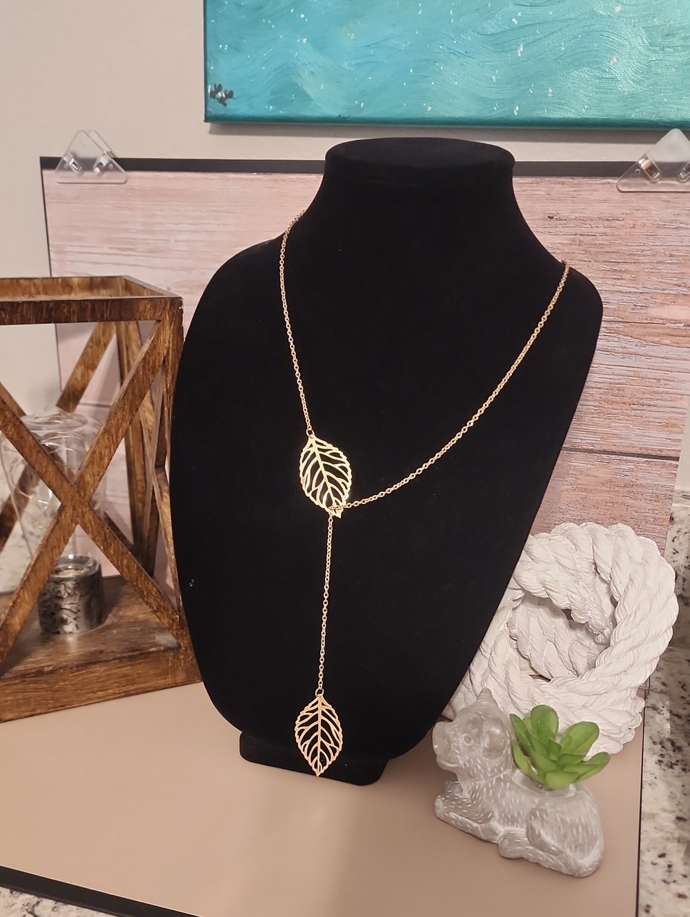 Gold Leaf Drop Lariat Necklace - Women Jewelry